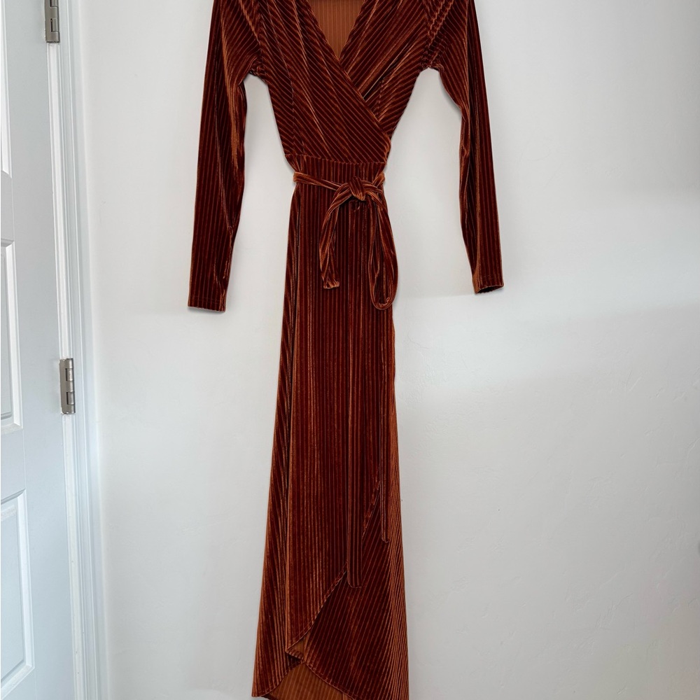 Baltic Born Rust Velvet Long Sleeve Wrap Dress